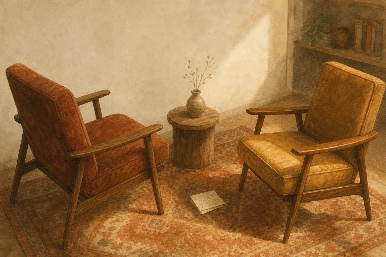 Two empty chairs facing each other in a warm room — a private 30-minute conversation about to begin